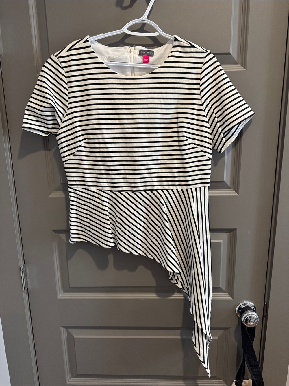 Vince Camuto Striped Black & White Asymmetric Peplum Top